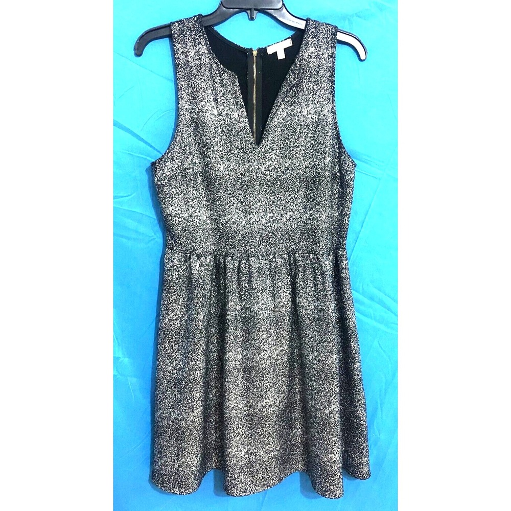 GIANNI BINI Shiny METALLIC Silver/Black Speckle TEXTURED KNIT A-Line Dress Sz L